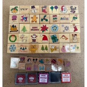 Lot of 51 Wood Mounted Rubber Stamps Xmas Christmas & Disney Themed Mixed